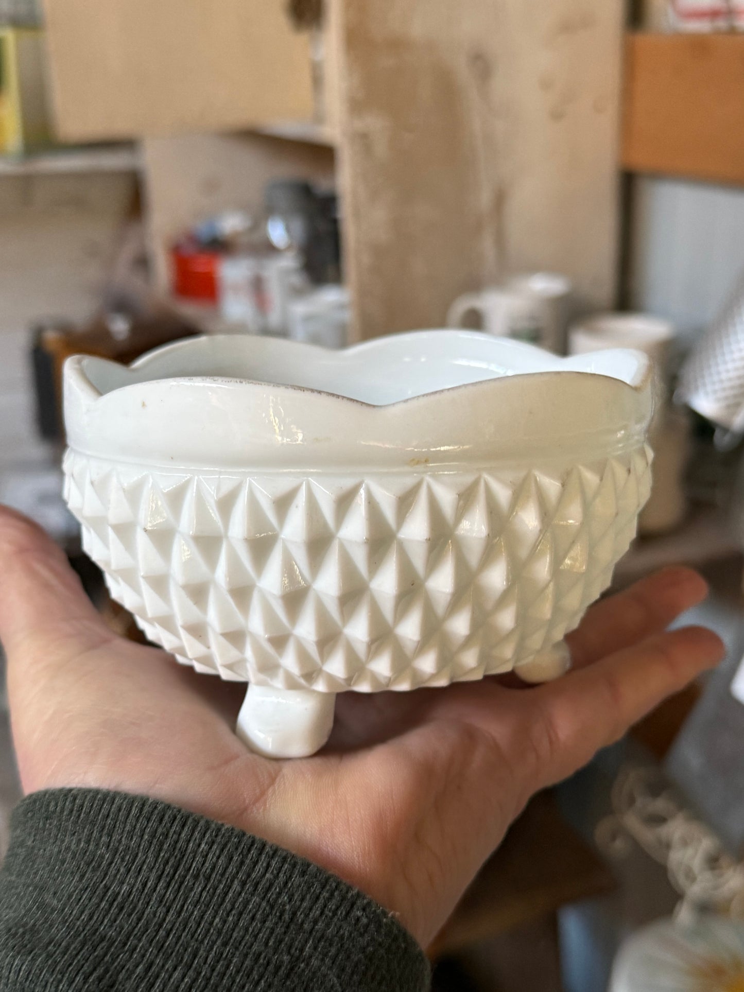 Milk glass  three toed bonbon candy dish