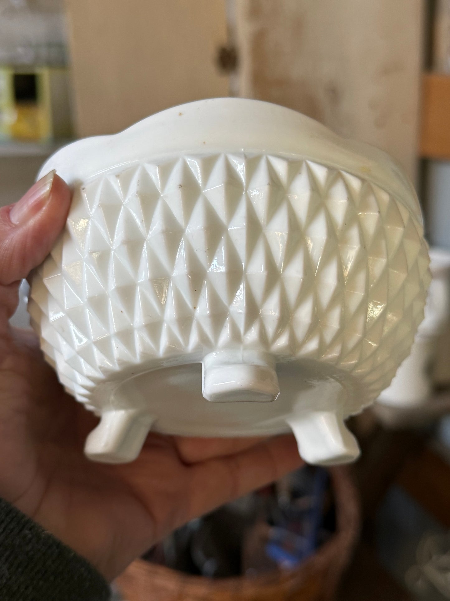Milk glass  three toed bonbon candy dish